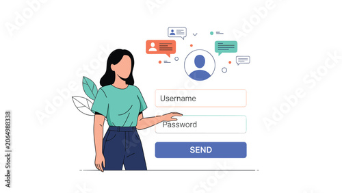 Female character standing next to a digital login form with username and password fields, representing cybersecurity and online access.
