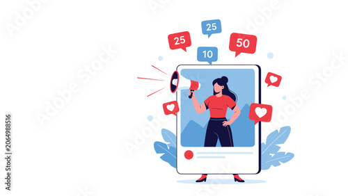 Female influencer standing in a social media frame holding a megaphone, surrounded by engagement icons like hearts and notification counts.