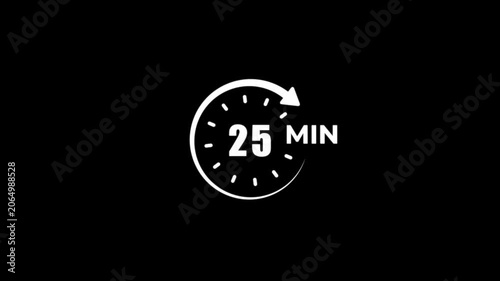 Timer 25 minutes clock symbol white animation minimalist on a black background.