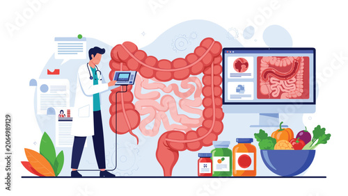 Male doctor examining a large anatomical diagram of the human digestive system and colon while holding a tablet in a medical office or laboratory.