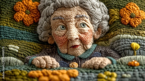 A detailed textile art piece depicts an elderly woman with grey hair, blue eyes, and rosy cheeks, surrounded by colorful floral and landscape elements. AI.