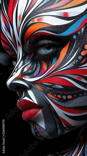 A close-up profile view of a woman's face adorned with elaborate body paint in black, white, red, orange, and blue patterns. AI.