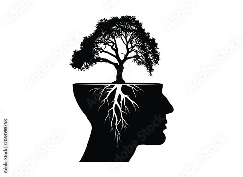 Brain icon silhouette mental growth concept tree roots