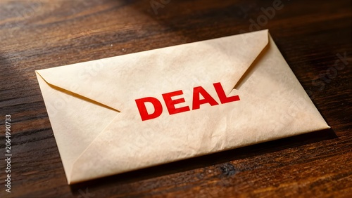Kraft Envelope Wooden Table Red Deal Text Stamp Business Agreement Contract Photo