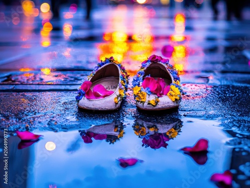 Decorated shoes sit on a wet ground with colorful flower petals scattered around. AI.