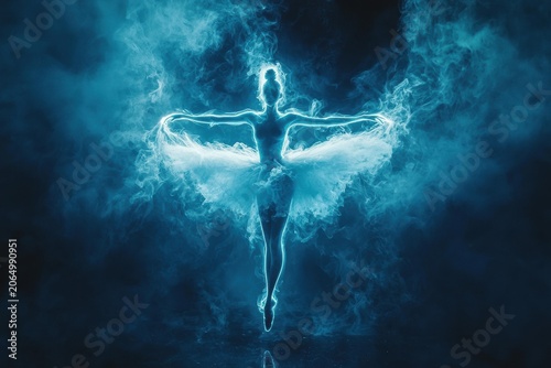 A glowing silhouette of a ballerina in a tutu dances surrounded by ethereal blue smoke and light effects. AI.