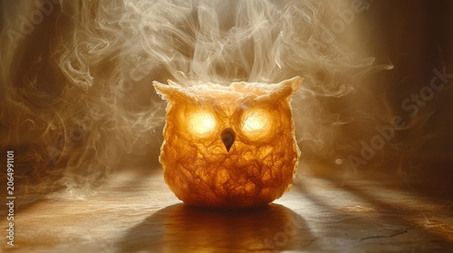A backlit, translucent owl-shaped pastry emits wisps of steam against a soft, blurred background. AI.