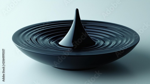 A black conical shape emerges from concentric ripples on the surface of a dark liquid in a bowl. AI.