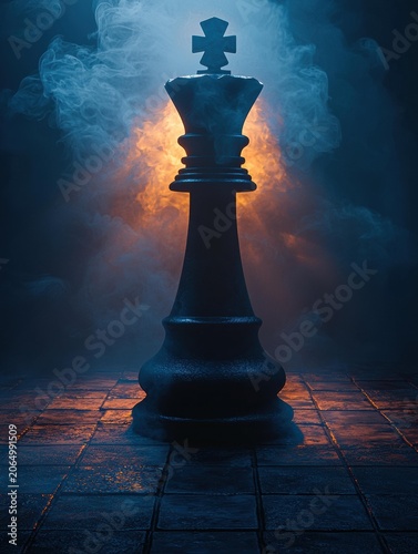 A large black king chess piece stands on a tiled floor, illuminated by dramatic orange light and surrounded by blue smoke. AI.