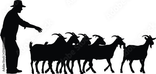 Foto Black silhouette of a rural farmer wearing a hat actively herding a large flock of horned goats across a white background vector illustration