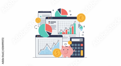 A graphic illustration depicting finance and business elements