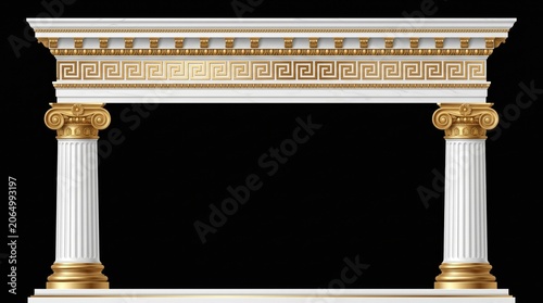 Elegant white and gold classical columns frame an archway