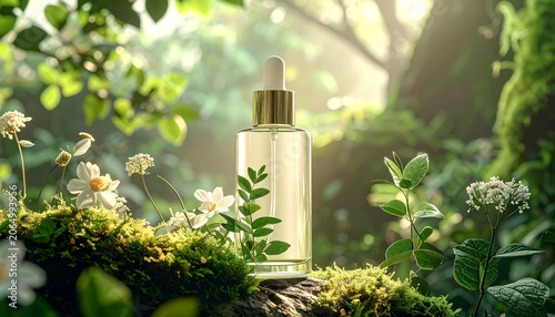 Serum Bottle in Natural Forest Setting.