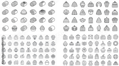 Collection of various cake and pastry line icons on white background