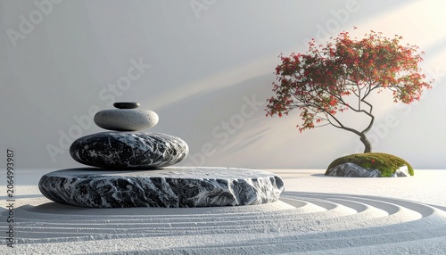Serene Zen Stones with Bonsai Tree.