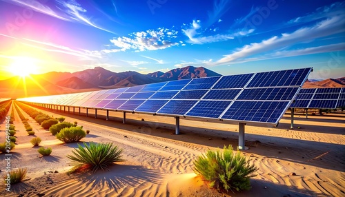 A desert landscape with solar panels at sunrise (3)