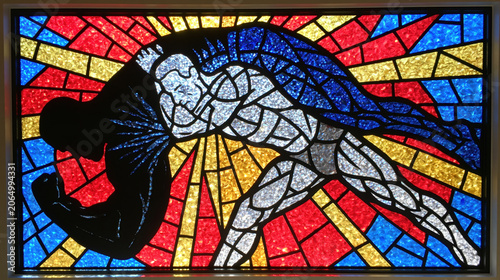Fractured Stained-Glass Bodybuilder Grapples His Radiant Shadow in Sacred Allegory