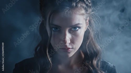 Young woman with blue eyes and braided hair in dark smoky setting