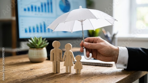 Family protection and financial security concept with wooden figures under umbrella