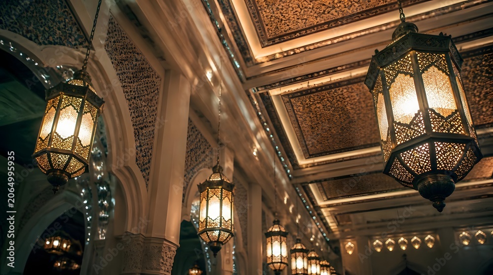 Fototapeta premium Decorative gold lanterns hanging in a grand illuminated ornate mosque interior