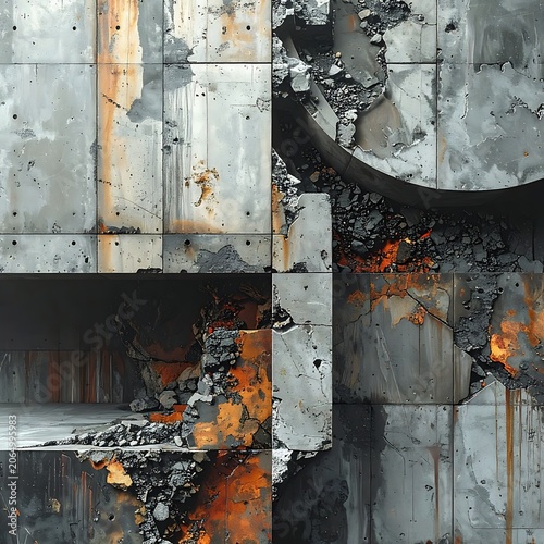 A gray and orange abstract image of a damaged wall with peeling paint