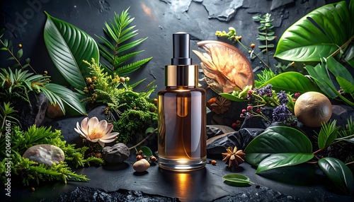 A luxurious perfume bottle surrounded by lush greenery and exotic flowers on a dark textured background