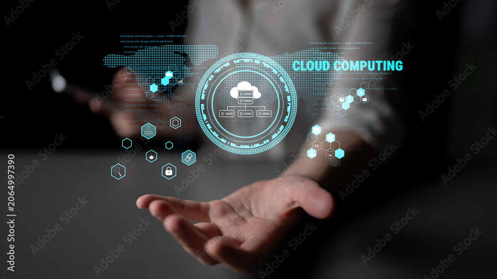Fototapeta premium Global cloud computing platform providing services for software development. A worldwide network for data storage, security, and application hosting. Motif
