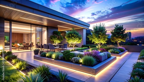 A serene rooftop garden at dusk with modern architecture (9)