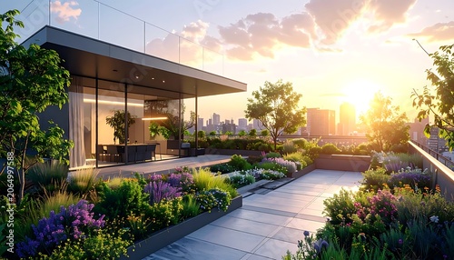 A serene rooftop garden with modern architecture at sunset (3)