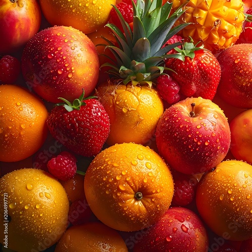 A vibrant close-up of mixed fresh fruits with water droplets
