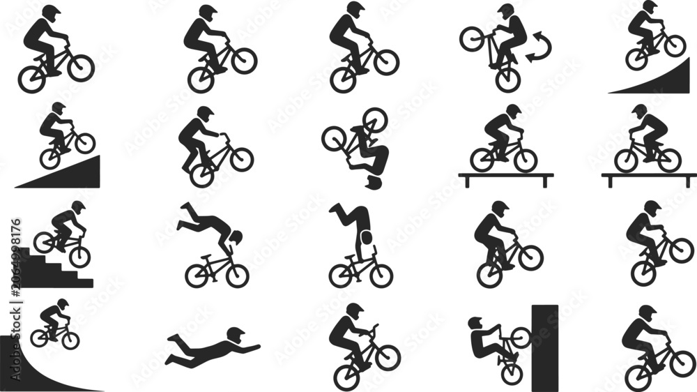 Naklejka premium BMX bike stunt silhouette icons, 20 extreme cycling trick elements, professional bicycle rider performing jumps and flips, black vector set