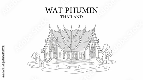 Tableau sur toile A black and white line art drawing of the cruciform Wat Phumin temple in Nan Tha