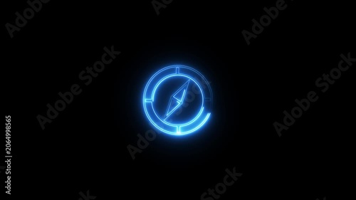 Neon glowing location icon animation on black background. Neon location pin, direction sign, search address, position map tracking animation.