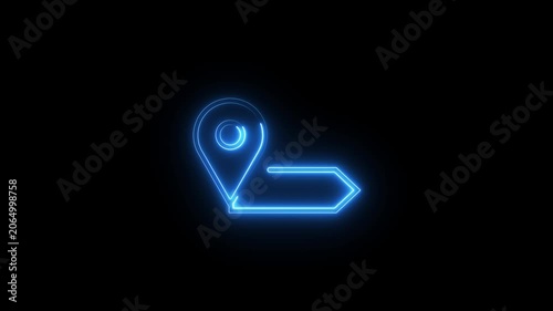 Neon glowing location icon animation on black background. Neon location pin, direction sign, search address, position map tracking animation.