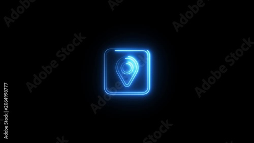 Neon glowing location icon animation on black background. Neon location pin, direction sign, search address, position map tracking animation.