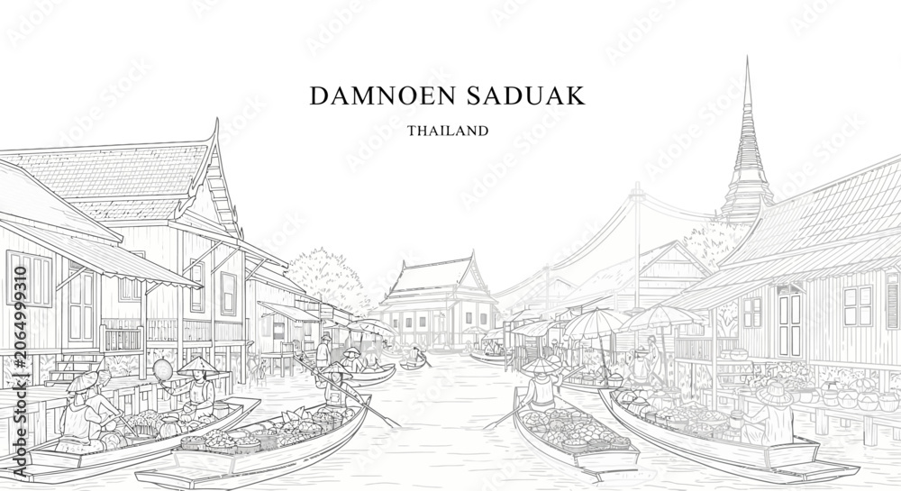 Fototapeta premium A lineart illustration of a busy canal market in Damnoen Saduak Thailand featuring vendors on wooden boats