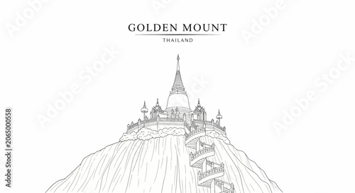 Photography Line art illustration of Wat Saket the Golden Mount temple in Thailand featuring