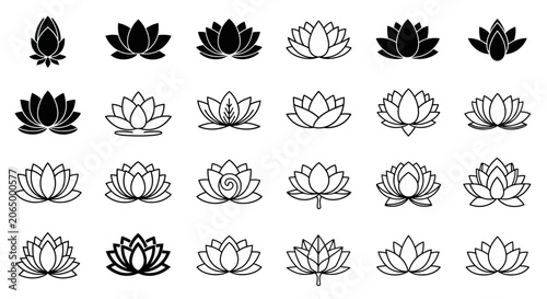 Lotus flower icons, black and white vector set, 25 floral symbols, line art illustrations