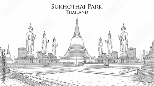Bild auf Leinwand Line drawing of Sukhothai Park Thailand featuring a central stupa flanked by row