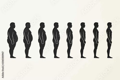 Fotografie Male body transformation silhouettes from obese to slim on white