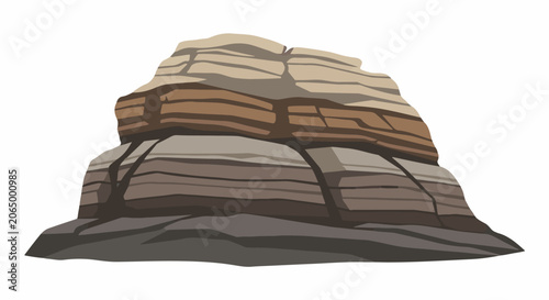 A large, multi-layered rock formation with varying earth tones