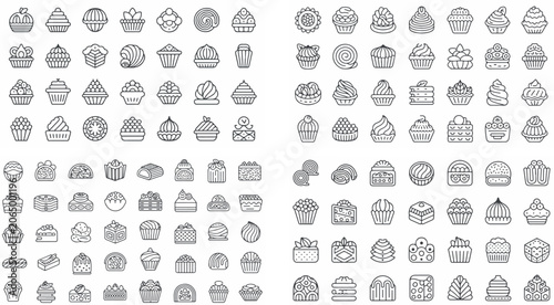 collection of various sweet baked goods and desserts icons in outline style