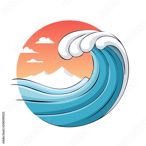 Flat Design Ocean Wave with Sunset and Mountains