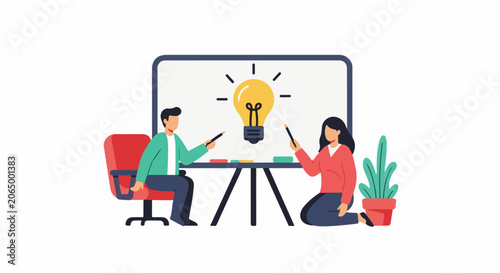 A man and woman collaborate with a lightbulb on a board