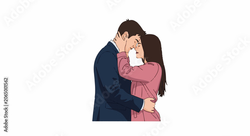 A man and woman embrace, their faces close together