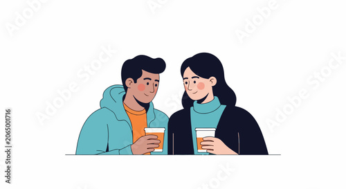 A man and woman holding coffee cups look at each other
