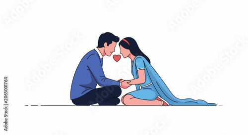 A man and woman in blue clothing sit on the floor, holding hands and touching foreheads with a heart between them