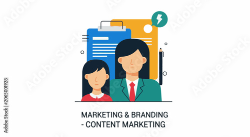 A man and woman in business attire with marketing and branding content