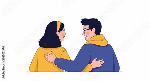 A man and woman in casual attire share a gentle embrace, facing each other