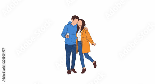 A man and woman in casual clothes walking together with heads close